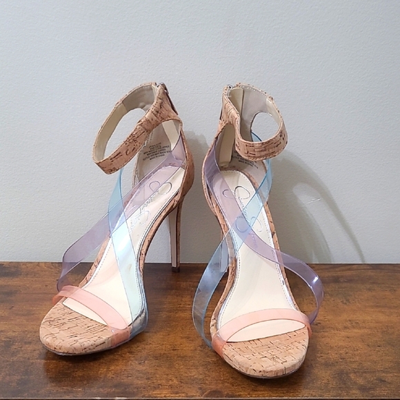 Jessica Simpson DALECHI Cork Heels with Tinted Clear Straps size 8 - Picture 1 of 11